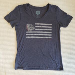 Life is Good Girls Blue Gray Graphic T-Shirt Bulldog Flag XS